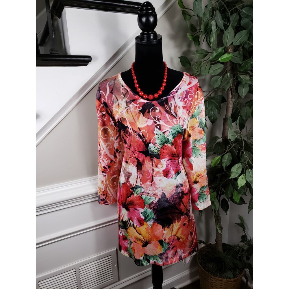 Indigo Soul Tunic Top Womens 1X Multicolor Floral Print Boho Blouse Stretchy